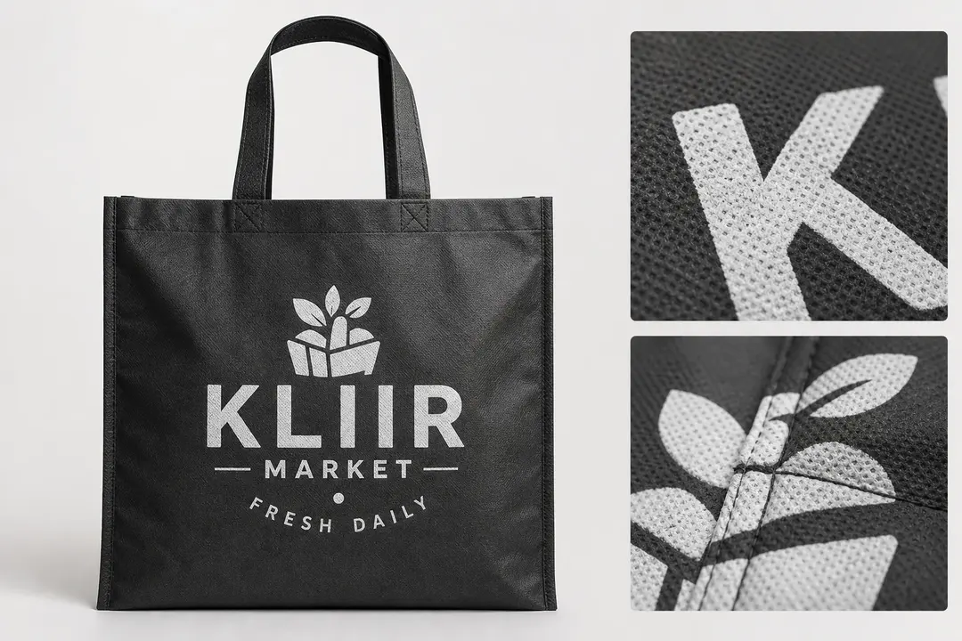 Dark bag / white ink nonwoven print method education mockup